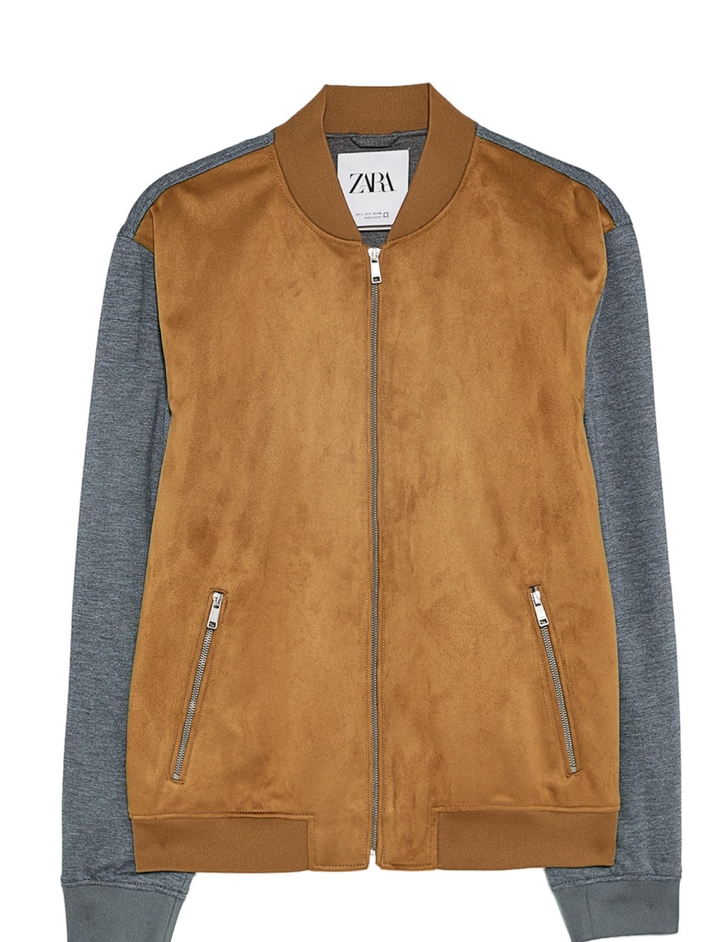 Zara Two-Tone Suede-Look Bomber Jacket in Camel and Grey